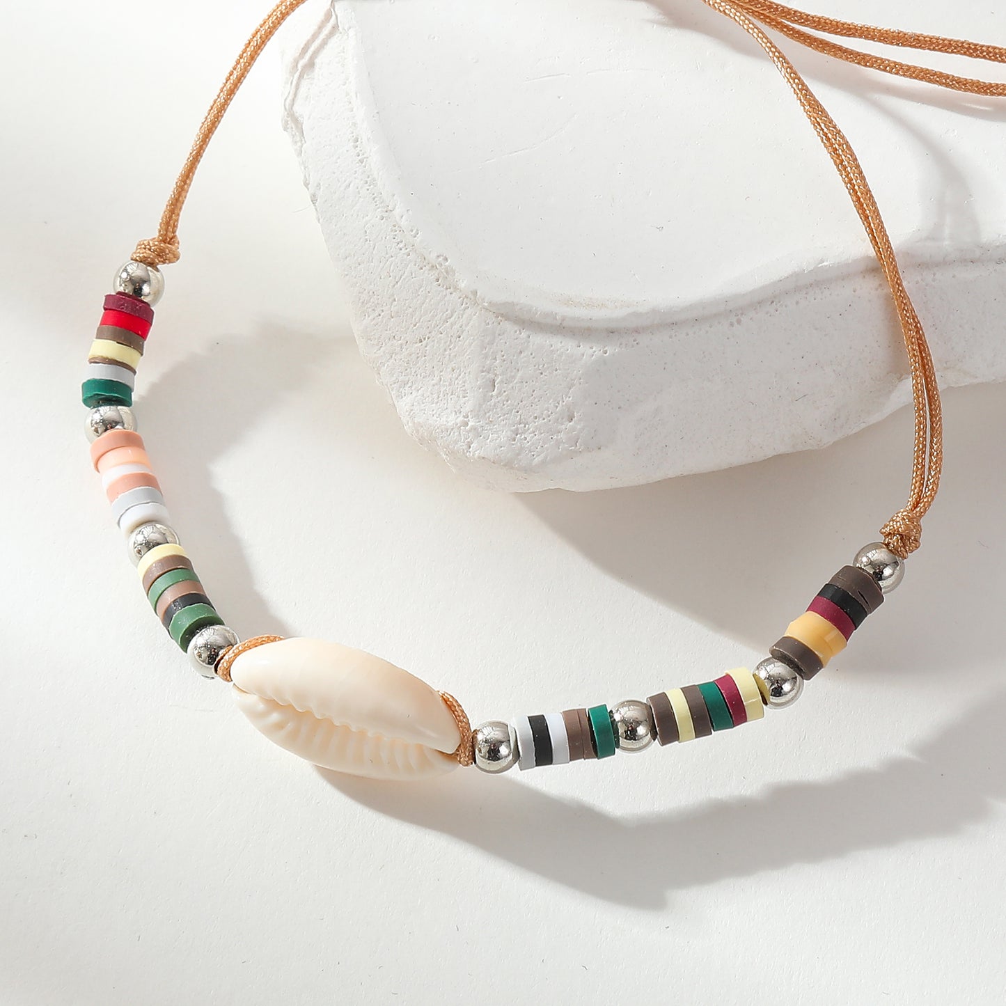Adjustable Cowrie Shell & Multicolor Fimo Bead Bracelet - Handmade Boho Style String Bracelet for Women