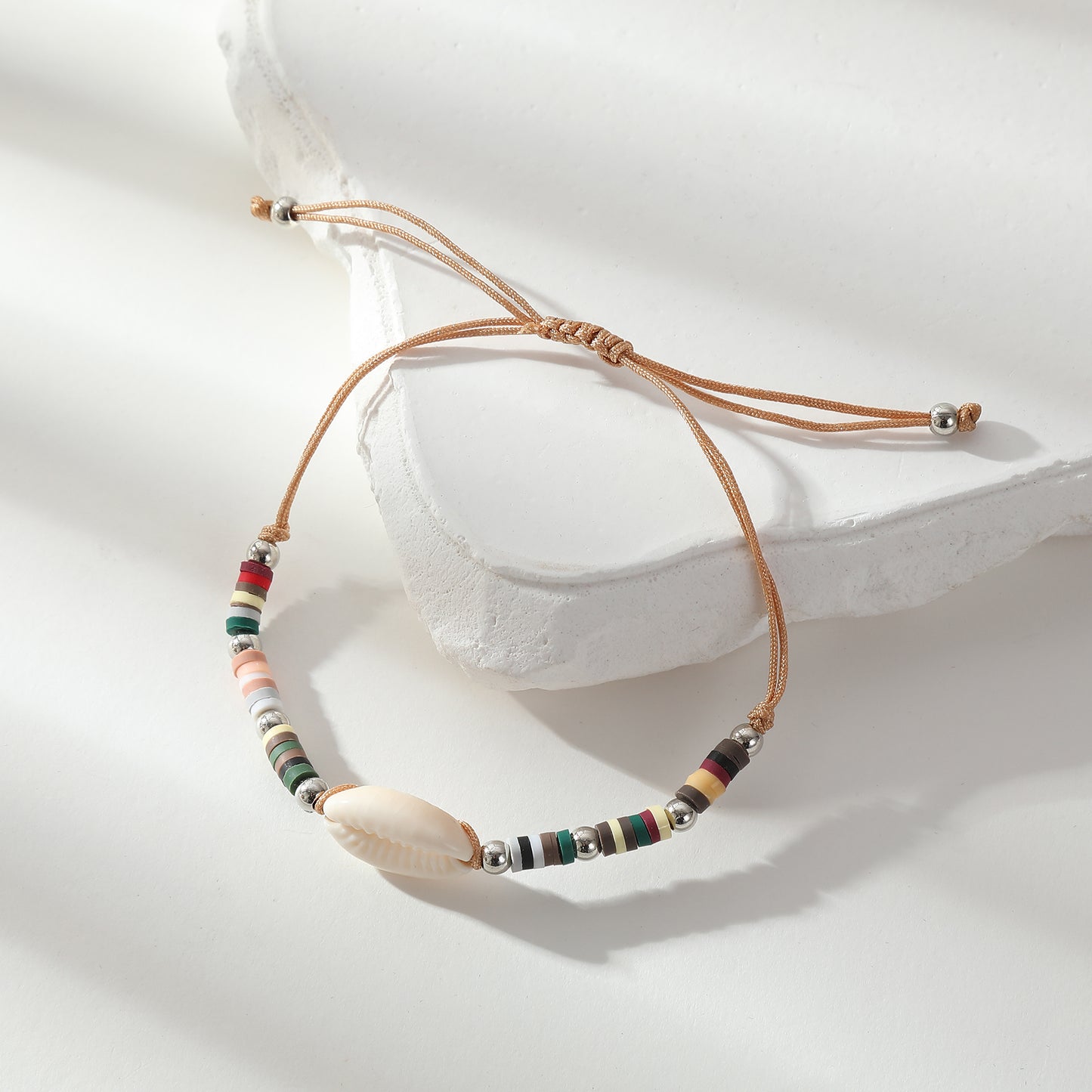 Adjustable Cowrie Shell & Multicolor Fimo Bead Bracelet - Handmade Boho Style String Bracelet for Women