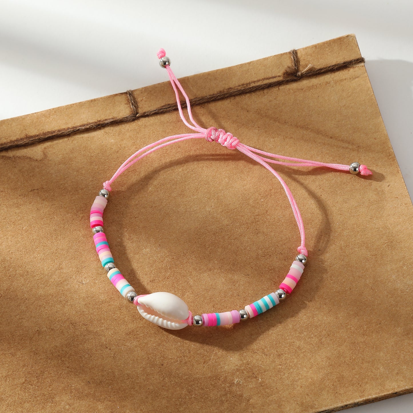 Adjustable Cowrie Shell & Multicolor Fimo Bead Bracelet - Handmade Boho Style String Bracelet for Women