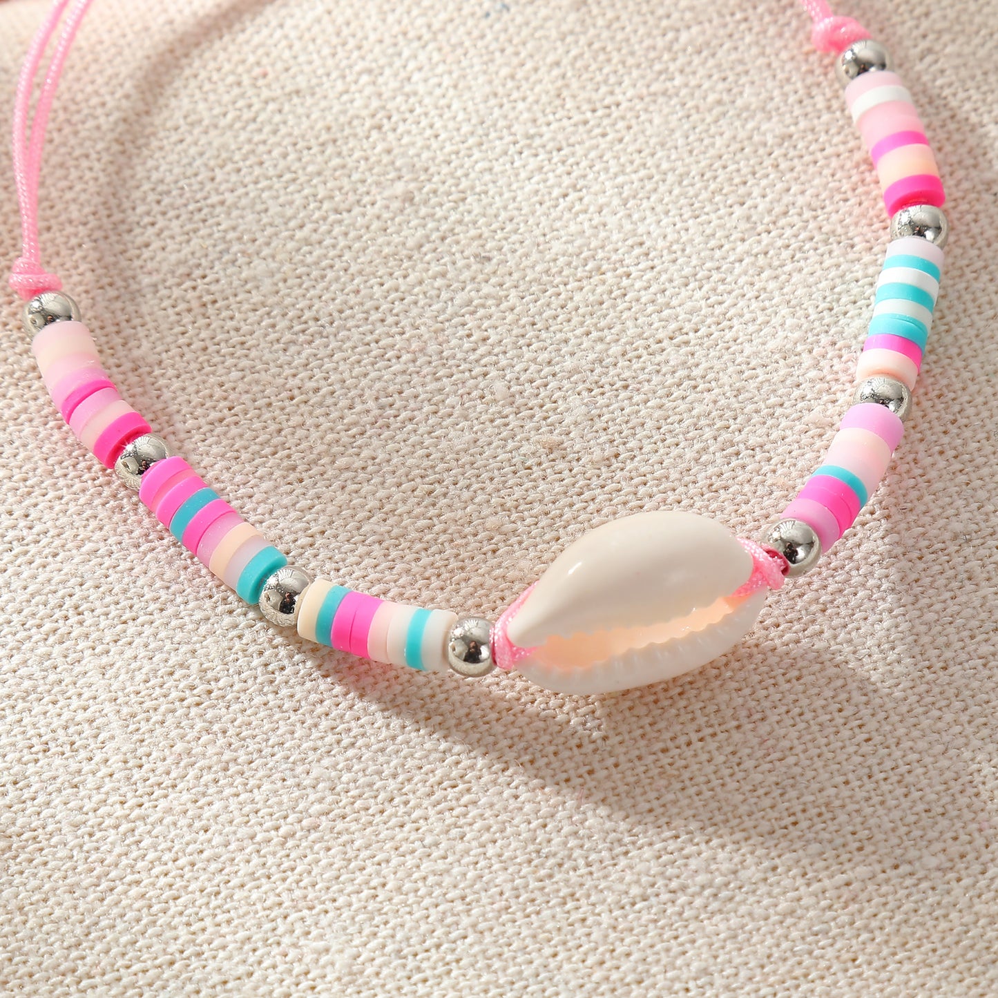 Adjustable Cowrie Shell & Multicolor Fimo Bead Bracelet - Handmade Boho Style String Bracelet for Women