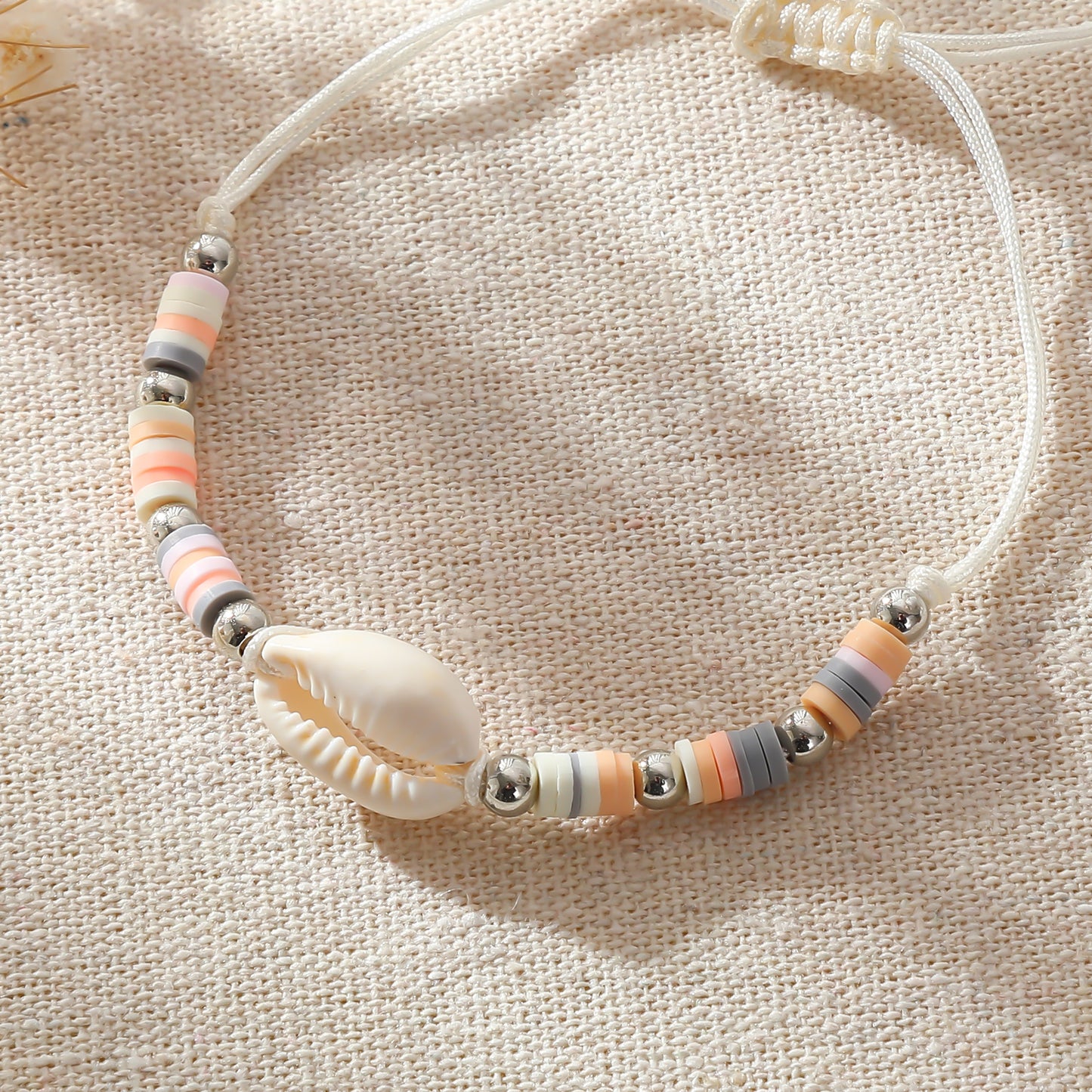 Adjustable Cowrie Shell & Multicolor Fimo Bead Bracelet - Handmade Boho Style String Bracelet for Women