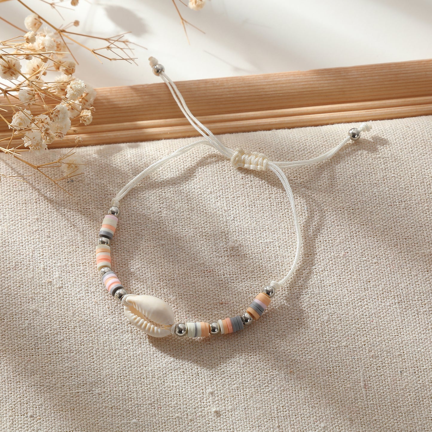 Adjustable Cowrie Shell & Multicolor Fimo Bead Bracelet - Handmade Boho Style String Bracelet for Women