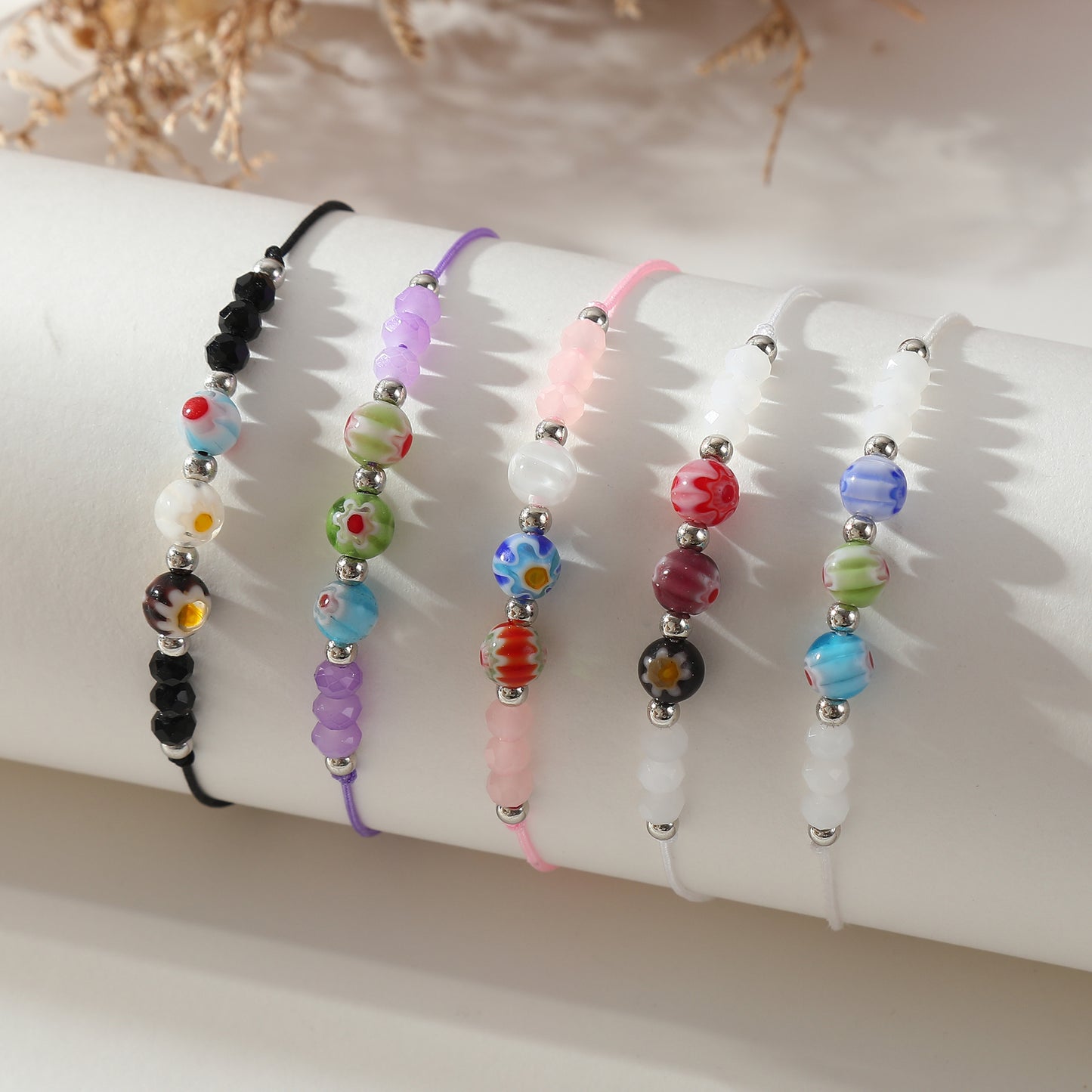 3 Millefiori Bead Bracelets - Colorful Handmade Jewelry for Women, Boho Style Adjustable Bracelets