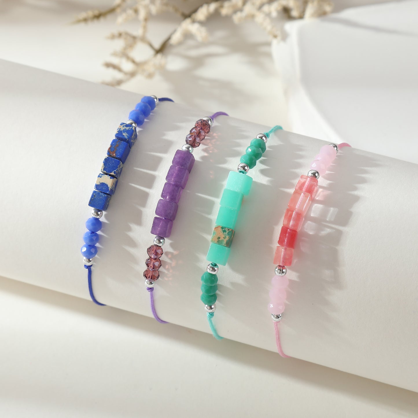 Adjustable Genuine Stone Bead Bracelet - Assorted Square & Round Beads, Boho Style Jewelry for Women, Perfect Gift