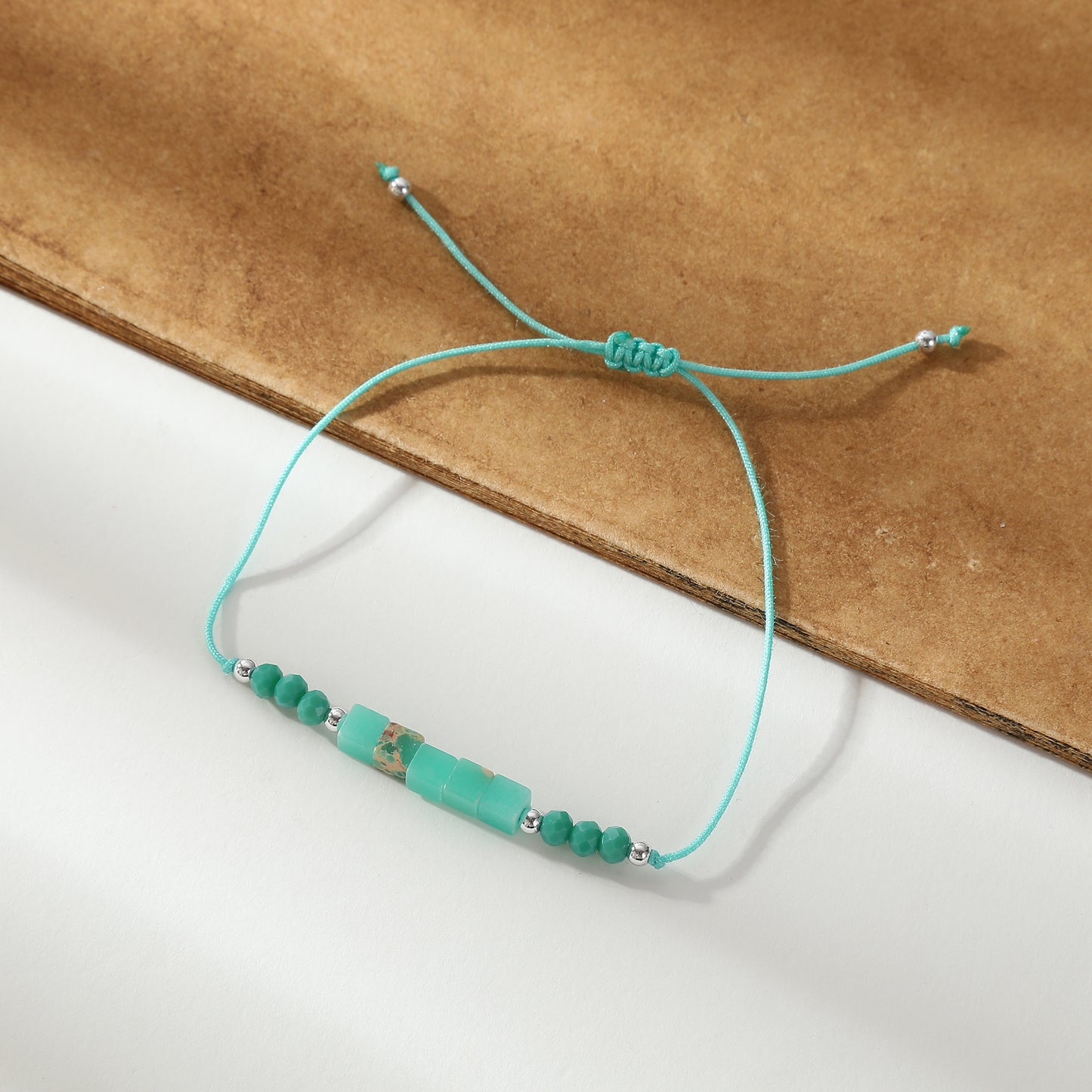 Adjustable Genuine Stone Bead Bracelet - Assorted Square & Round Beads, Boho Style Jewelry for Women, Perfect Gift