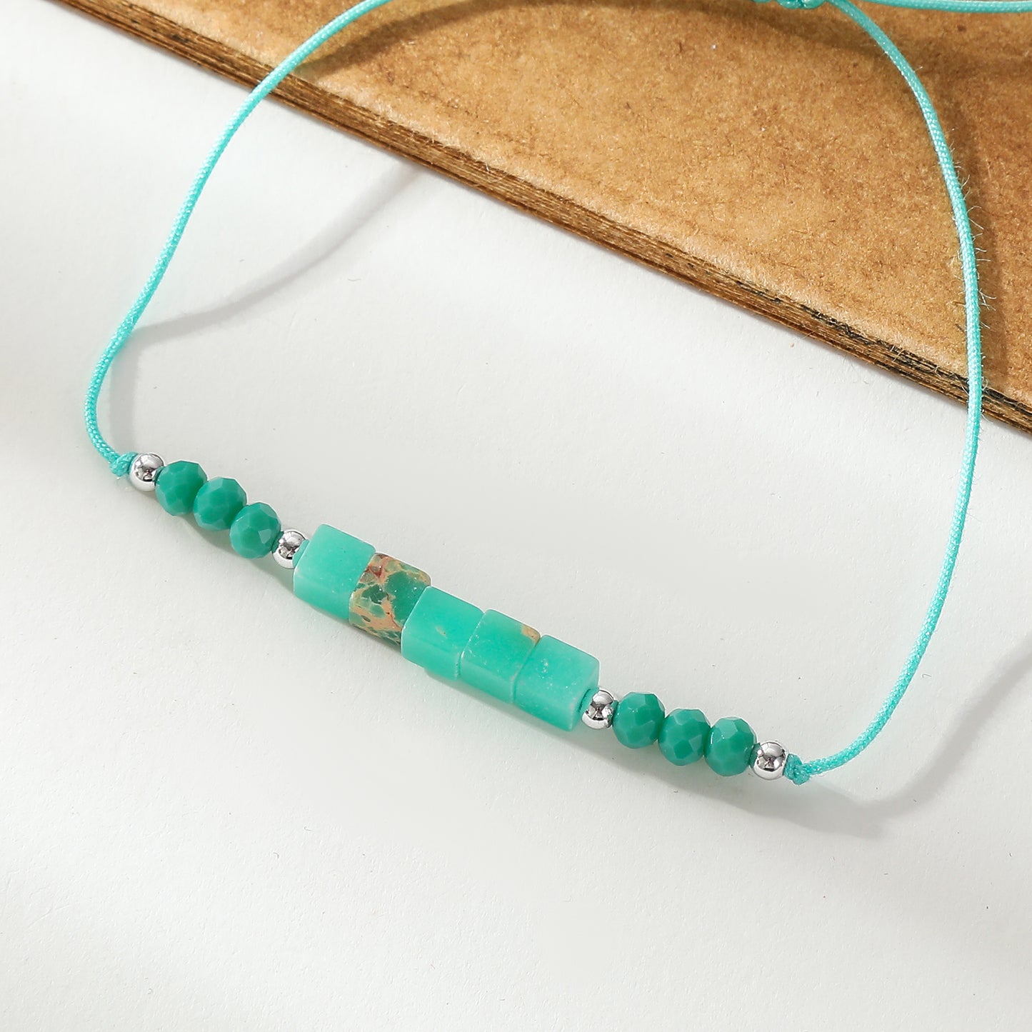 Adjustable Genuine Stone Bead Bracelet - Assorted Square & Round Beads, Boho Style Jewelry for Women, Perfect Gift