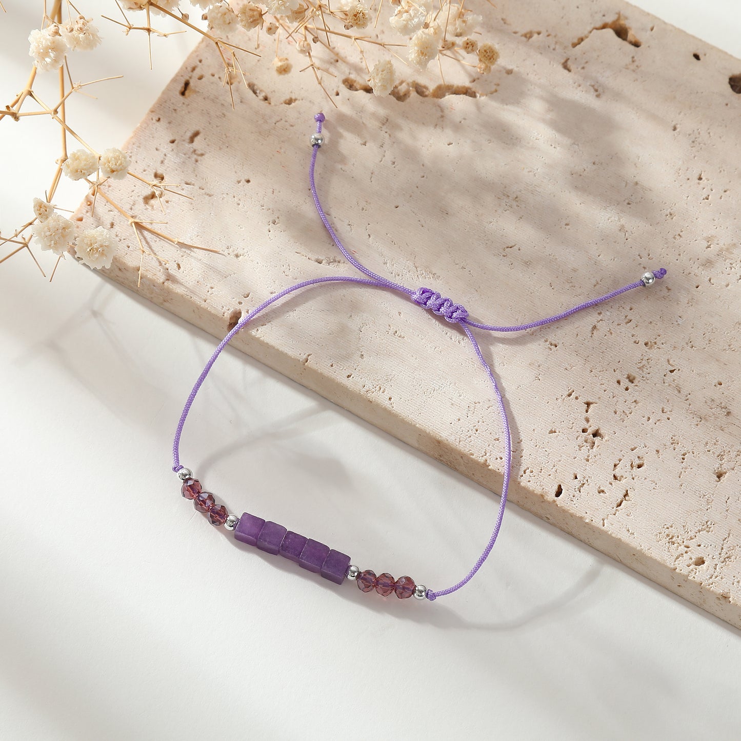 Adjustable Genuine Stone Bead Bracelet - Assorted Square & Round Beads, Boho Style Jewelry for Women, Perfect Gift