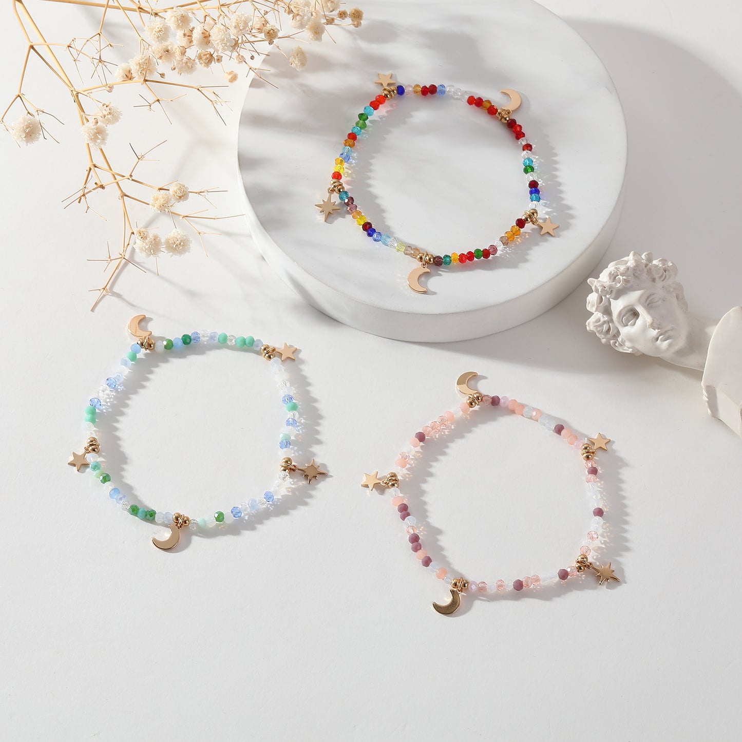 Multicolor Faceted Bead Bracelet with Gold Moon & Stars - Elastic Boho Jewelry for Women, Perfect Gift