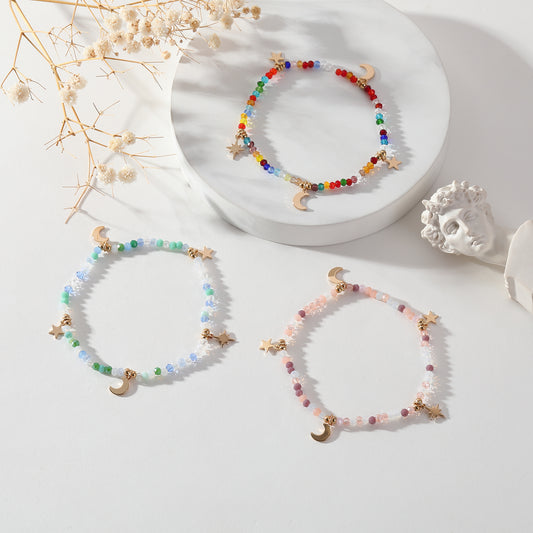 Multicolor Faceted Bead Bracelet with Gold Moon & Stars - Elastic Boho Jewelry for Women, Perfect Gift