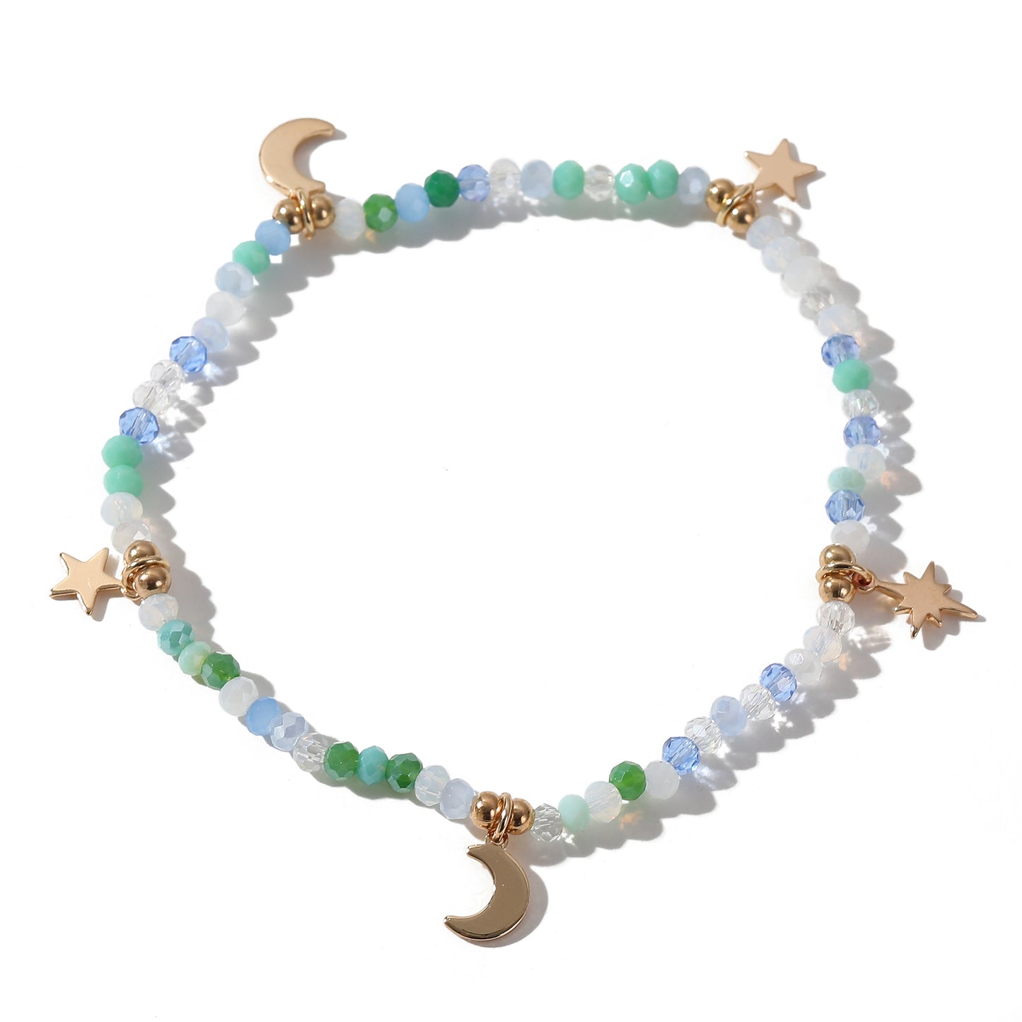 Multicolor Faceted Bead Bracelet with Gold Moon & Stars - Elastic Boho Jewelry for Women, Perfect Gift