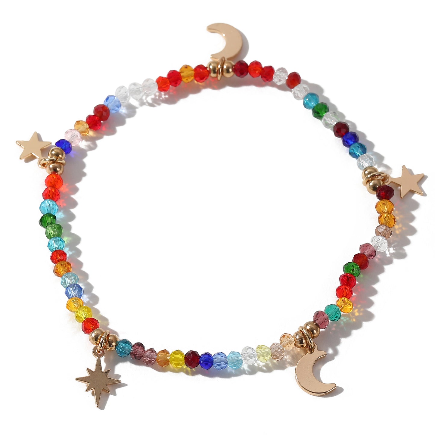 Multicolor Faceted Bead Bracelet with Gold Moon & Stars - Elastic Boho Jewelry for Women, Perfect Gift