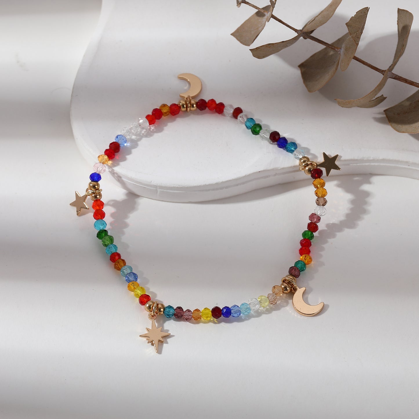 Multicolor Faceted Bead Bracelet with Gold Moon & Stars - Elastic Boho Jewelry for Women, Perfect Gift