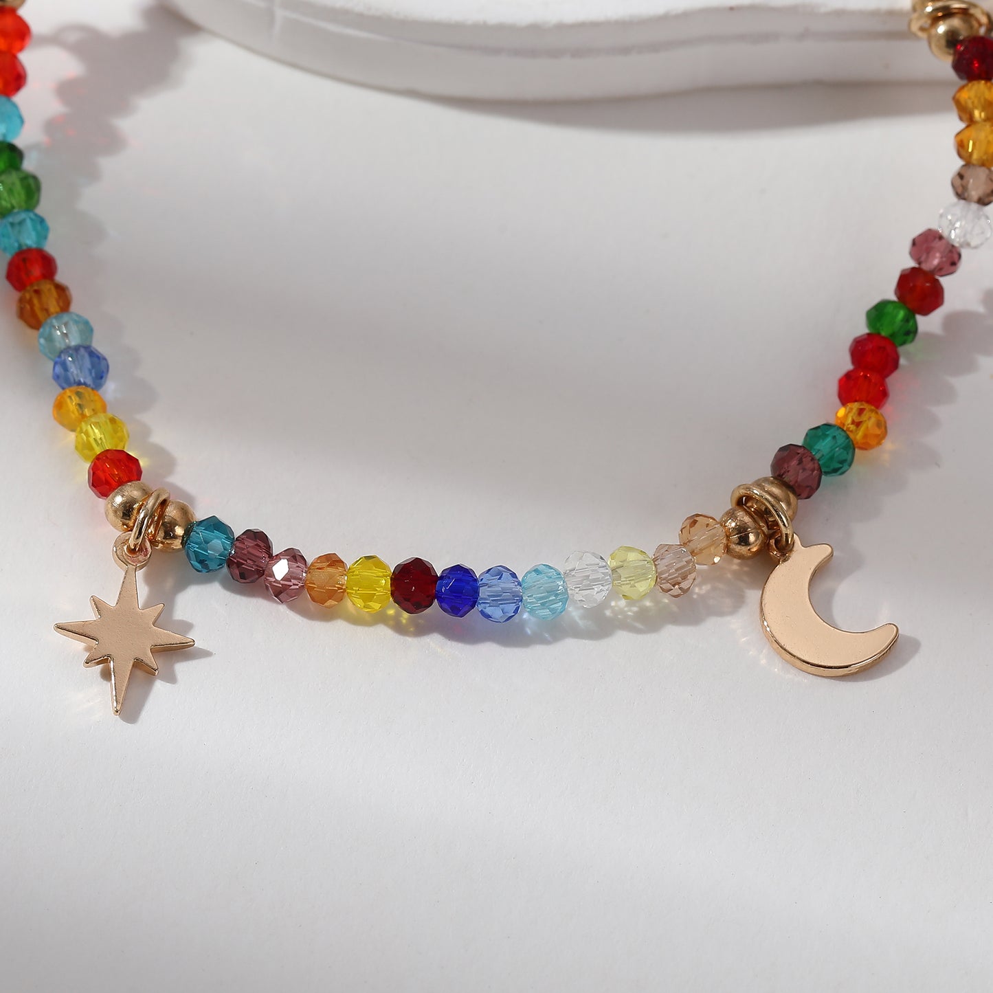 Multicolor Faceted Bead Bracelet with Gold Moon & Stars - Elastic Boho Jewelry for Women, Perfect Gift