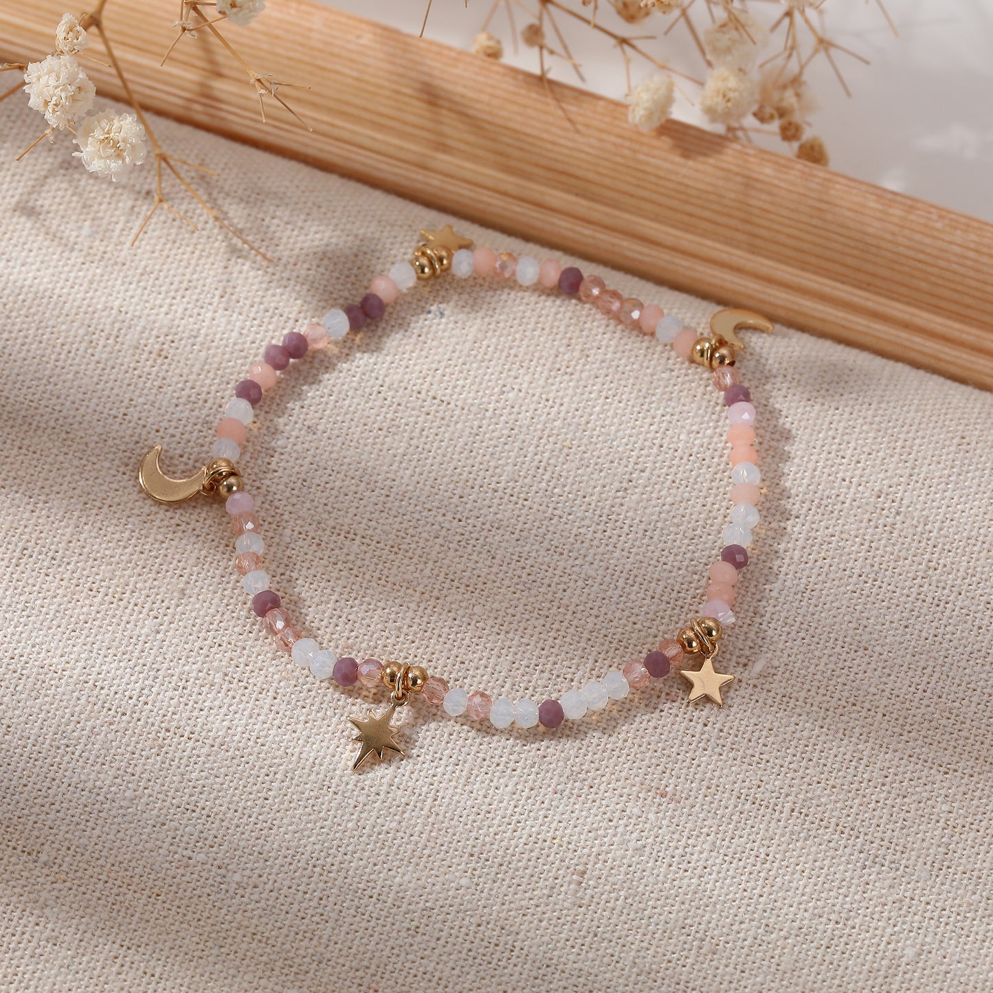 Multicolor Faceted Bead Bracelet with Gold Moon & Stars - Elastic Boho Jewelry for Women, Perfect Gift