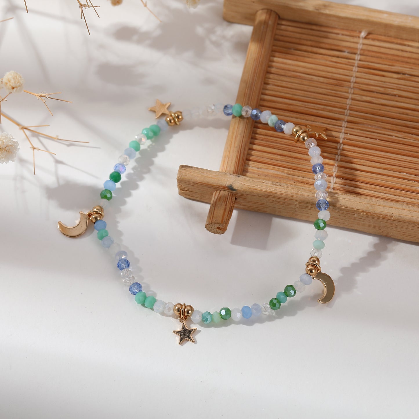 Multicolor Faceted Bead Bracelet with Gold Moon & Stars - Elastic Boho Jewelry for Women, Perfect Gift