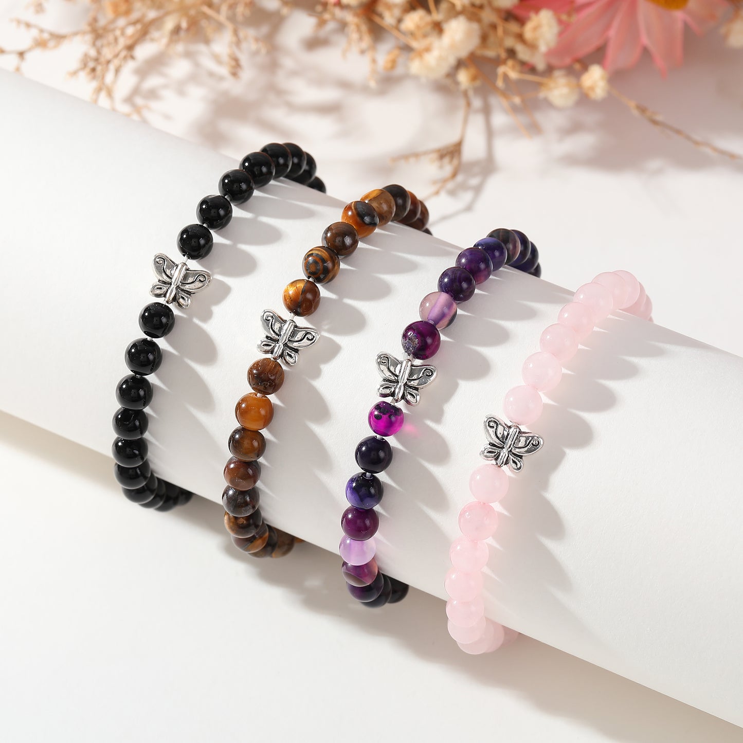 Genuine Stone Elastic Bracelet with Silver Butterfly Bead - Boho Chic Jewelry for Women, Perfect Gift