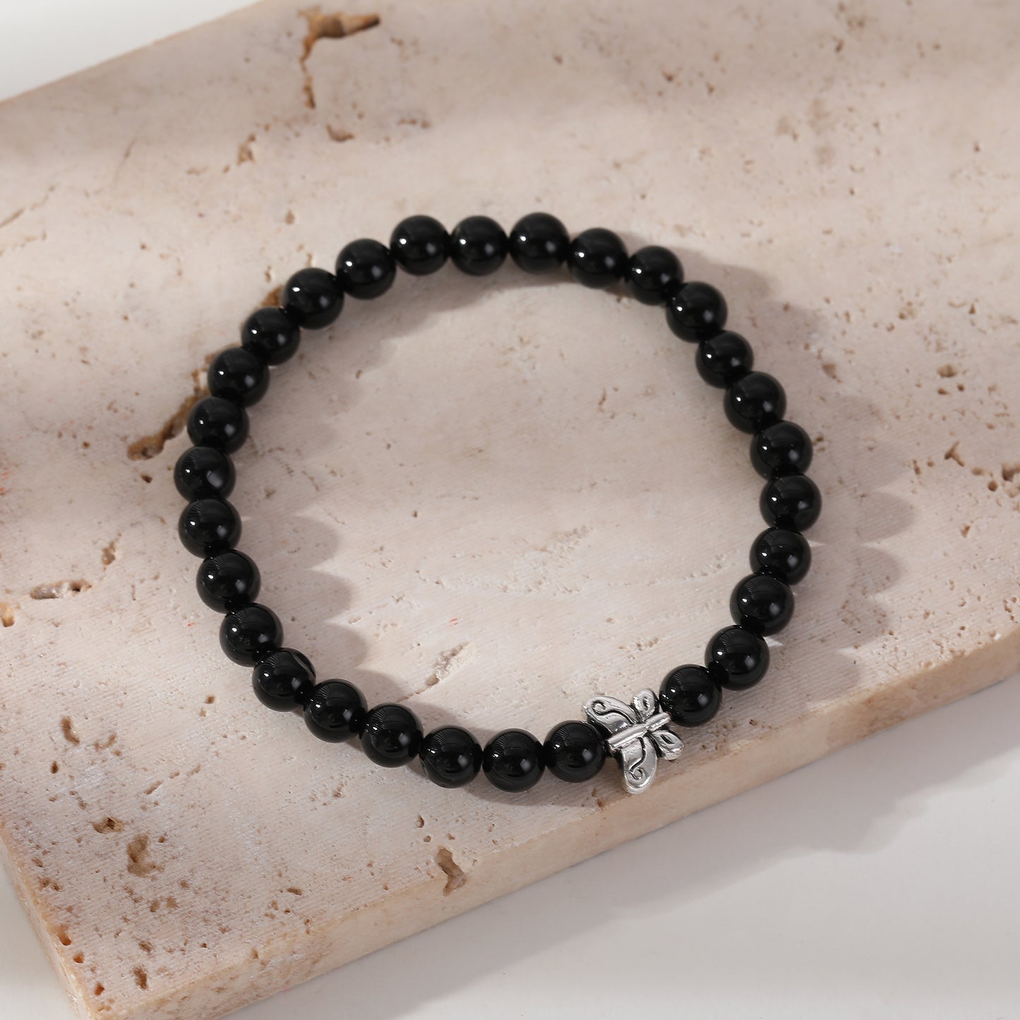Genuine Stone Elastic Bracelet with Silver Butterfly Bead - Boho Chic Jewelry for Women, Perfect Gift