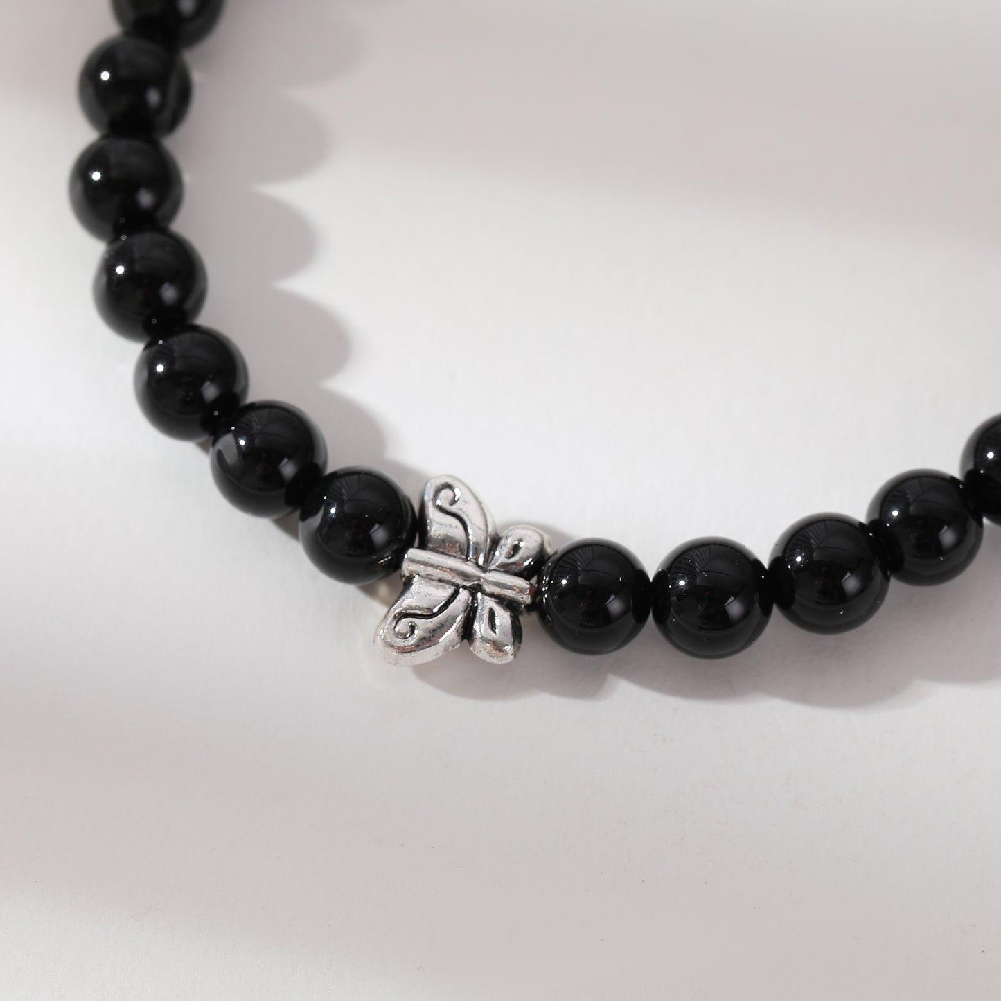 Genuine Stone Elastic Bracelet with Silver Butterfly Bead - Boho Chic Jewelry for Women, Perfect Gift
