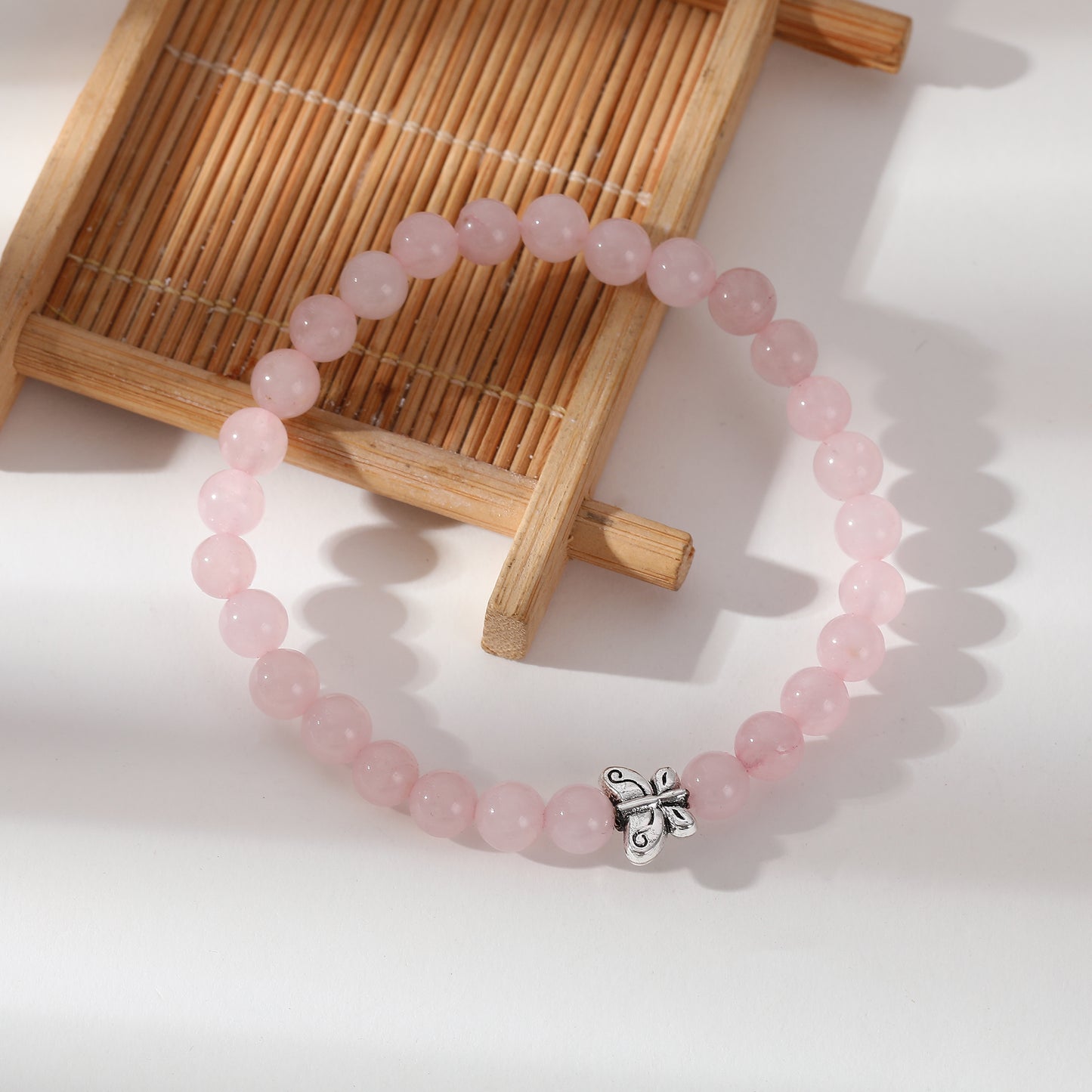 Genuine Stone Elastic Bracelet with Silver Butterfly Bead - Boho Chic Jewelry for Women, Perfect Gift