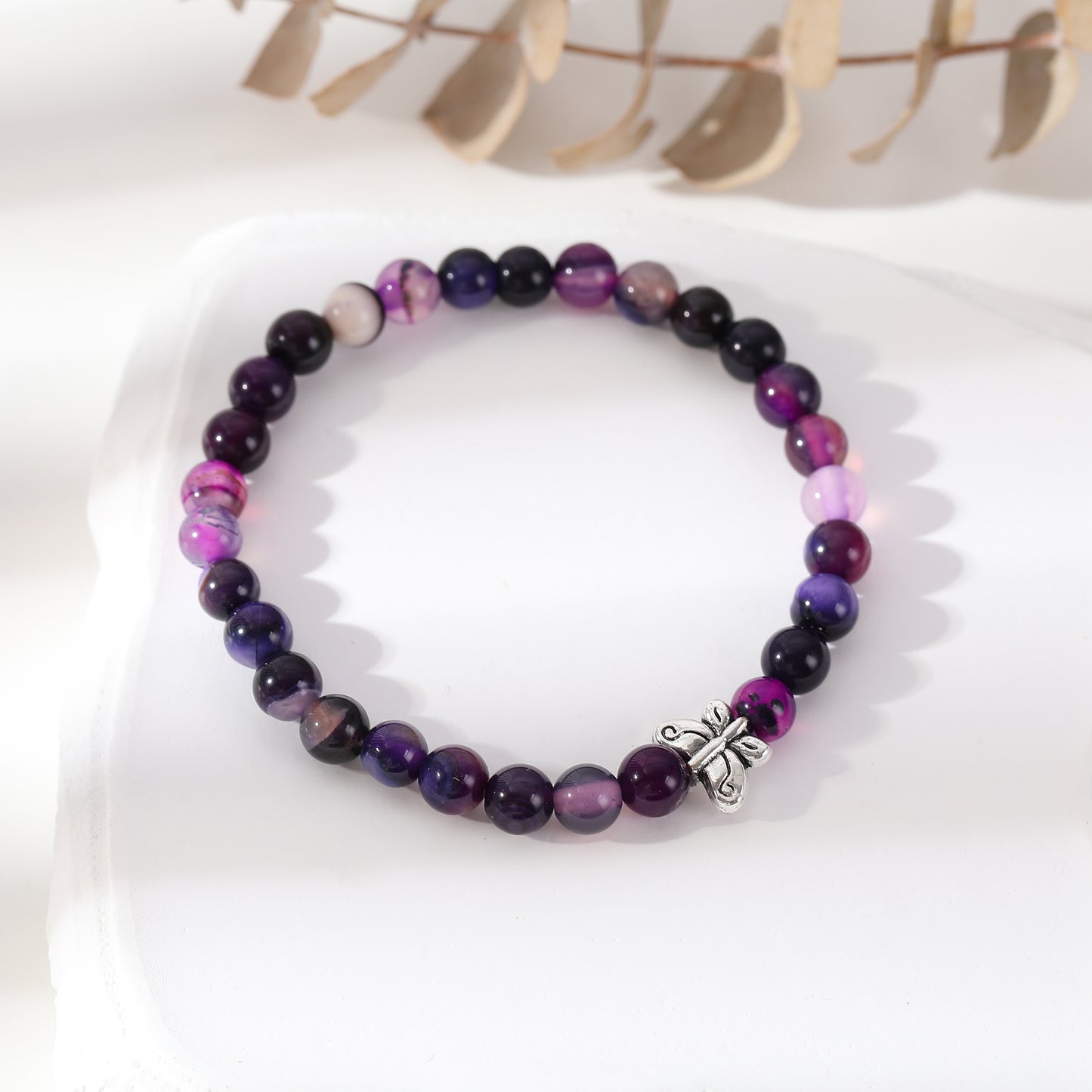 Genuine Stone Elastic Bracelet with Silver Butterfly Bead - Boho Chic Jewelry for Women, Perfect Gift