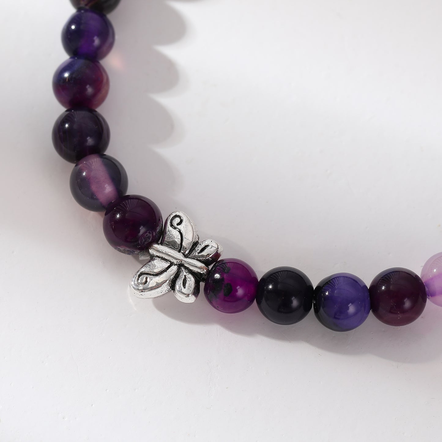 Genuine Stone Elastic Bracelet with Silver Butterfly Bead - Boho Chic Jewelry for Women, Perfect Gift