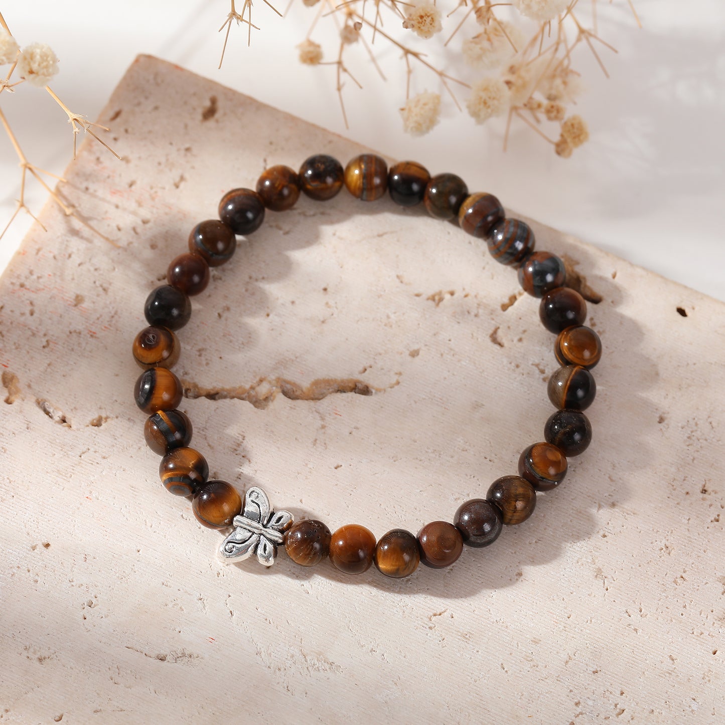 Genuine Stone Elastic Bracelet with Silver Butterfly Bead - Boho Chic Jewelry for Women, Perfect Gift