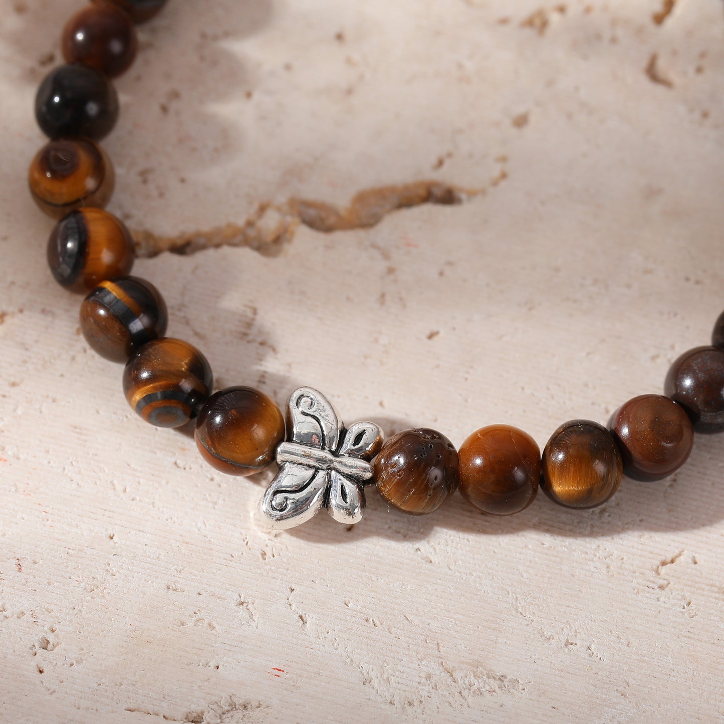 Genuine Stone Elastic Bracelet with Silver Butterfly Bead - Boho Chic Jewelry for Women, Perfect Gift