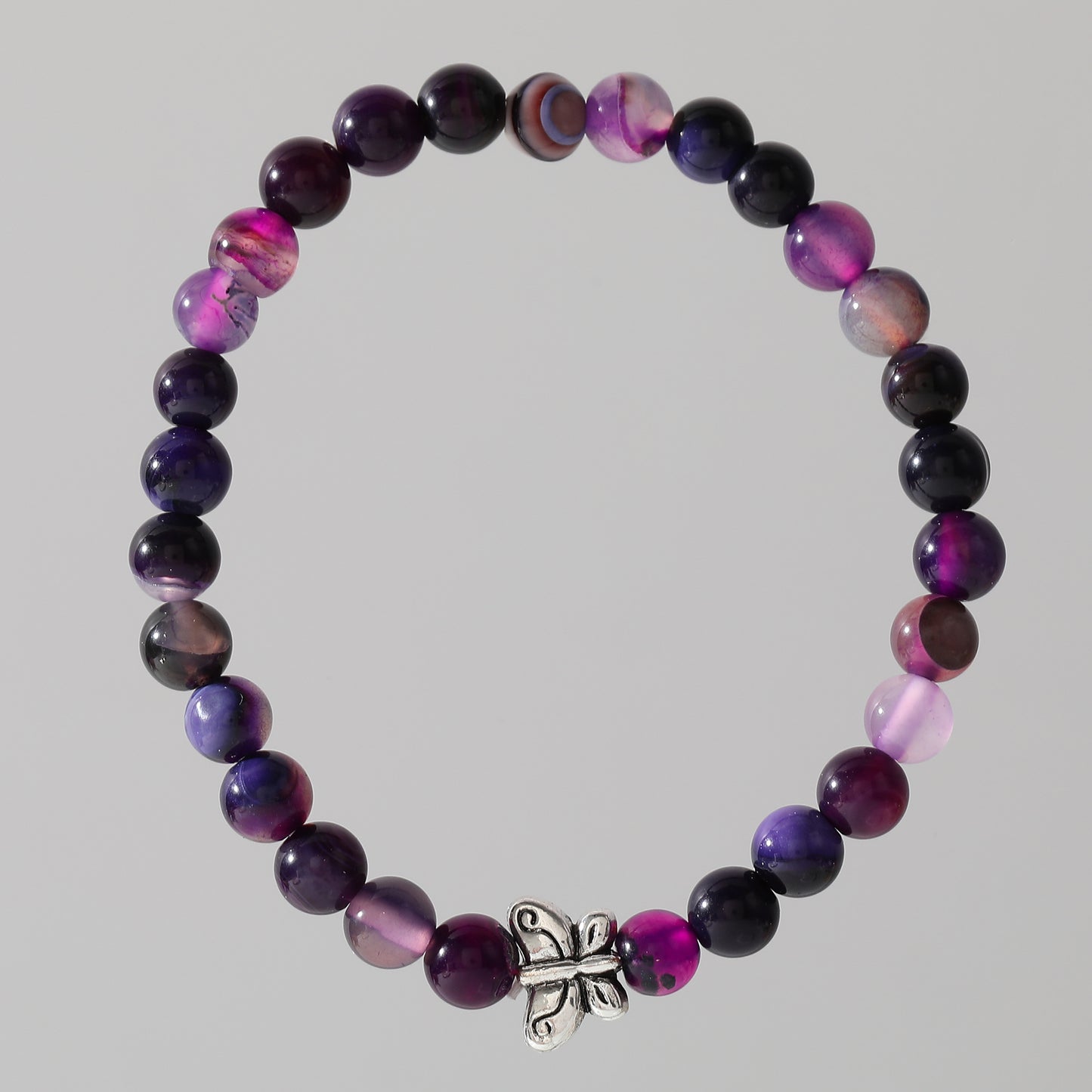 Genuine Stone Elastic Bracelet with Silver Butterfly Bead - Boho Chic Jewelry for Women, Perfect Gift