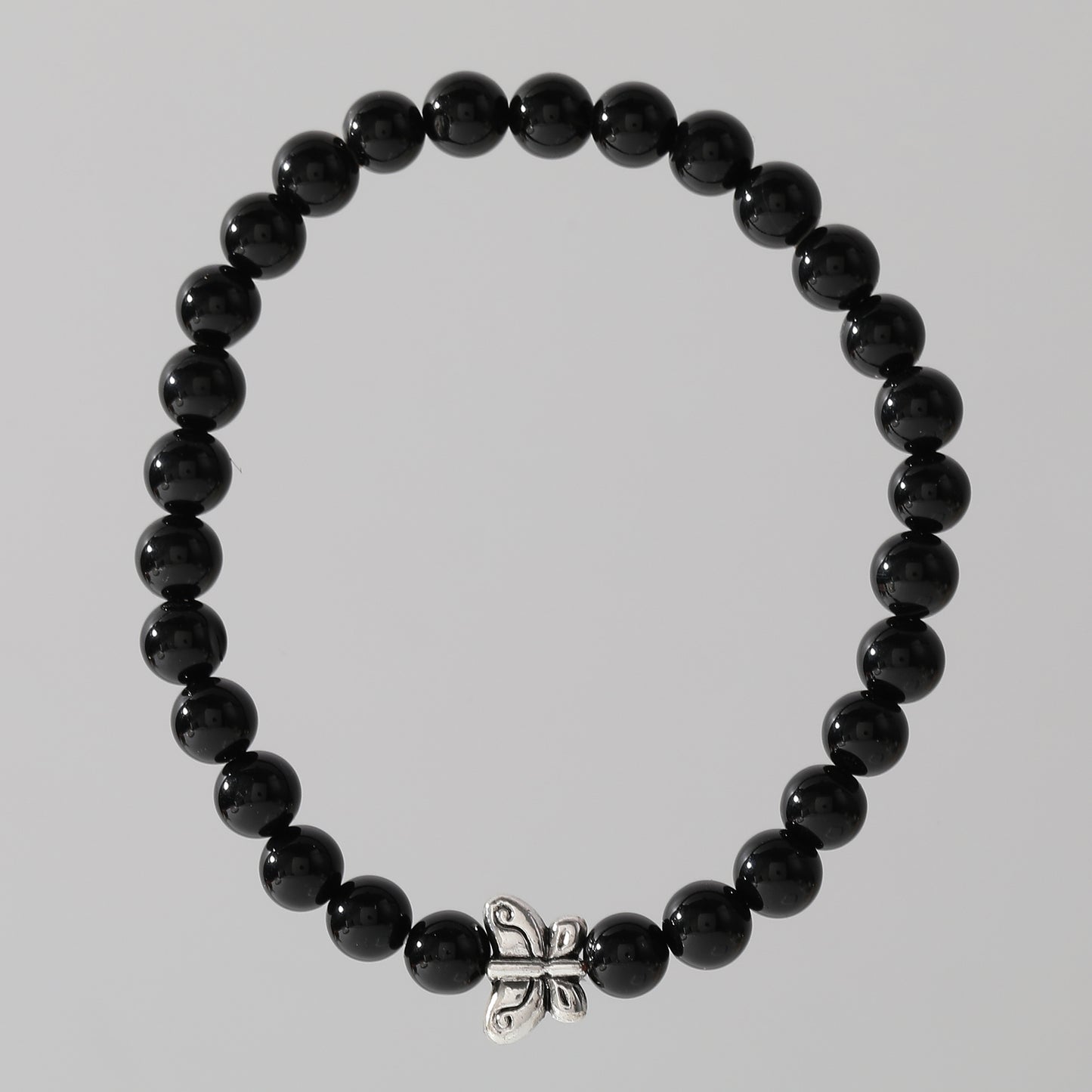 Genuine Stone Elastic Bracelet with Silver Butterfly Bead - Boho Chic Jewelry for Women, Perfect Gift