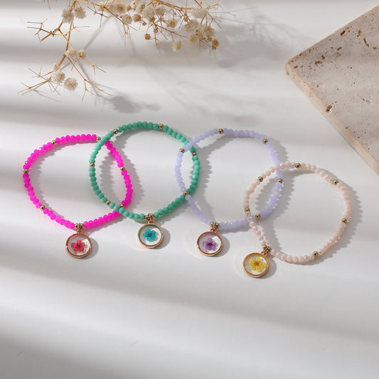 Delicate Beaded Bracelets with Pressed Flower Charms - Vibrant Handmade Jewelry for Women, Perfect for Everyday or Special Occasions
