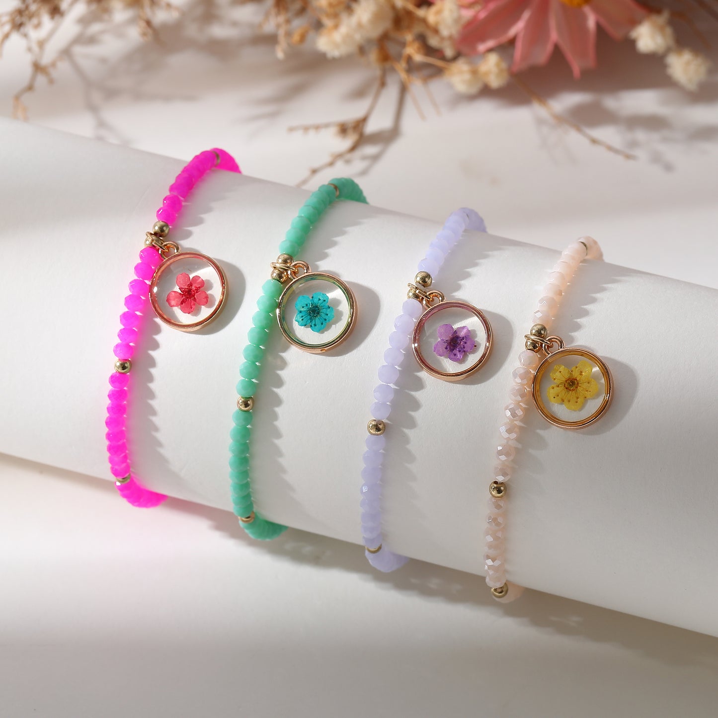 Delicate Beaded Bracelets with Pressed Flower Charms - Vibrant Handmade Jewelry for Women, Perfect for Everyday or Special Occasions