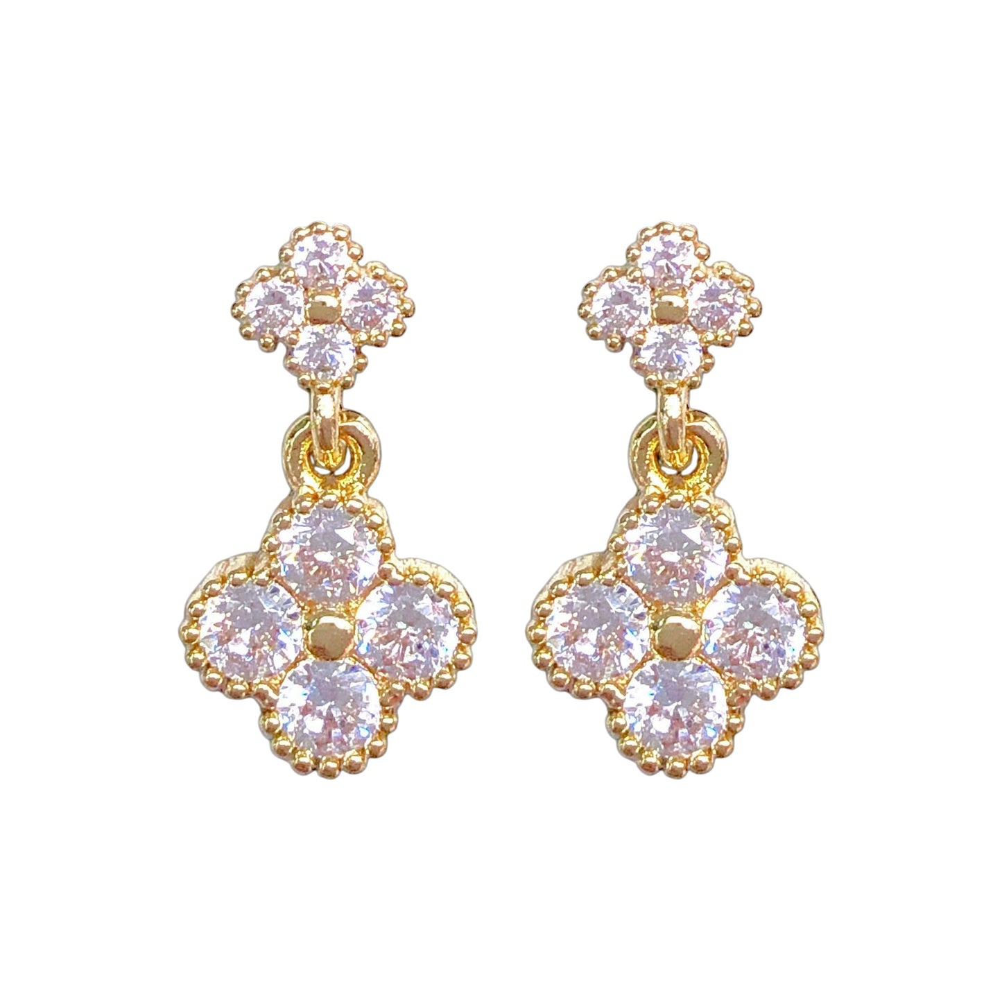 Oro Laminado Gold Filled Crystal Clover Stud Dangle Earrings