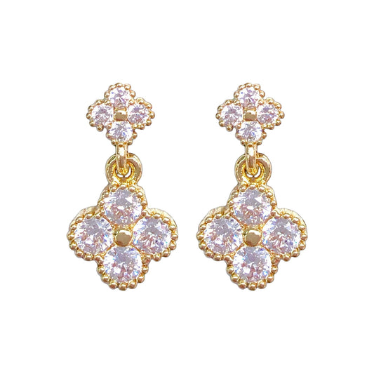Oro Laminado Gold Filled Crystal Clover Stud Dangle Earrings