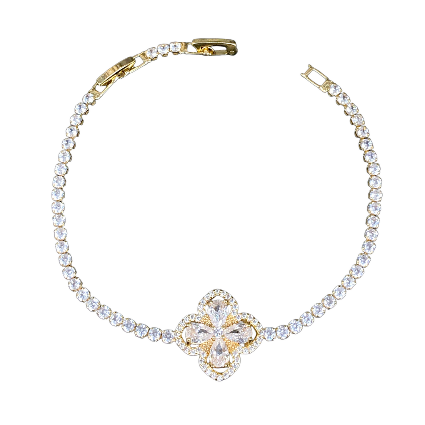 Oro Laminado Gold Filled Filigree Clover CZ Bracelet