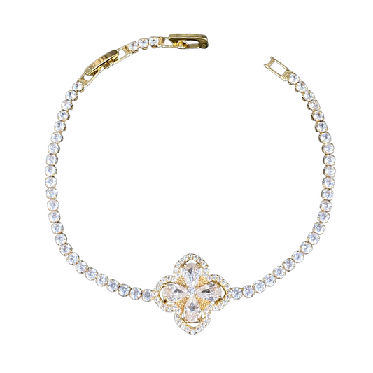Oro Laminado Gold Filled Filigree Clover CZ Bracelet