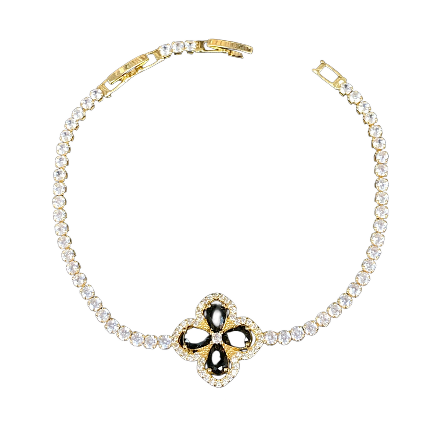 Oro Laminado Gold Filled Filigree Clover CZ Bracelet