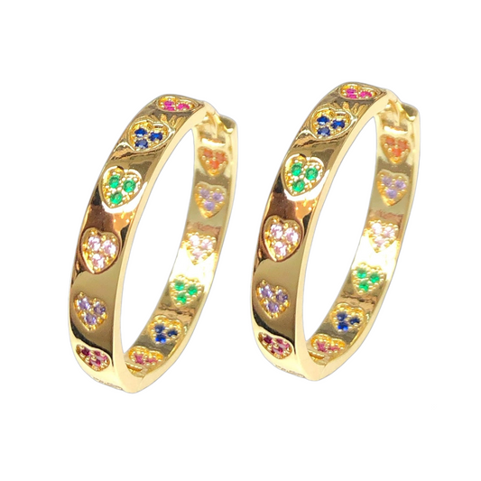 Oro Laminado Gold Filled Rainbow Heart CZ Hoop Earrings
