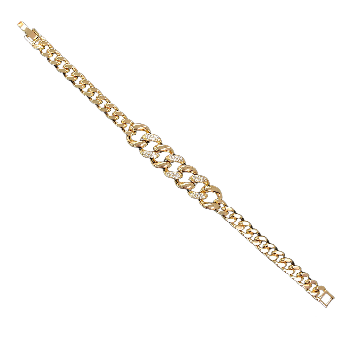 Oro Laminado Gold Filled Geneva Puff Cuban Link CZ Bracelet