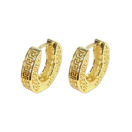 Gold Filled Oro Laminado Greek Pattern Hoop Earrings