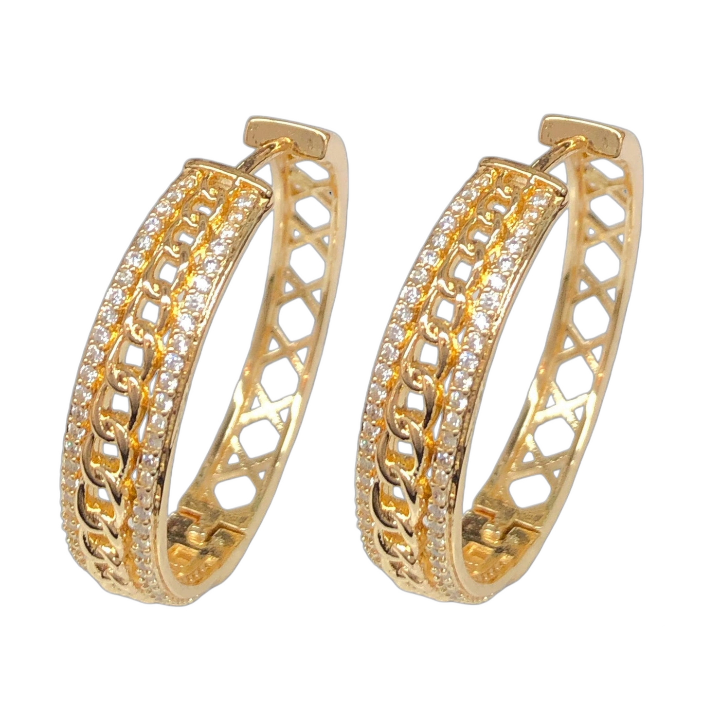 Oro Laminado Gold Filled Miami Cuban Chain CZ Hoop Earrings